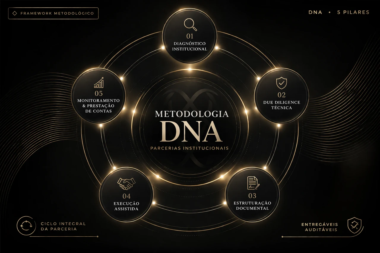 Representação institucional da Metodologia DNA Parcerias — 5 pilares: Diagnóstico, Due Diligence, Estruturação, Execução e Monitoramento.